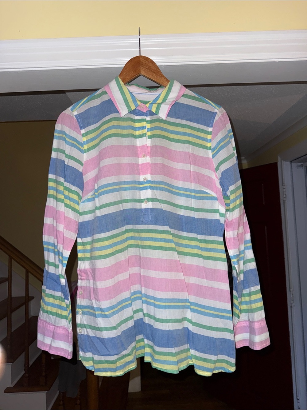 Talbots Pastel Striped Button-Front Blouse - Pink, Blue, Green, White